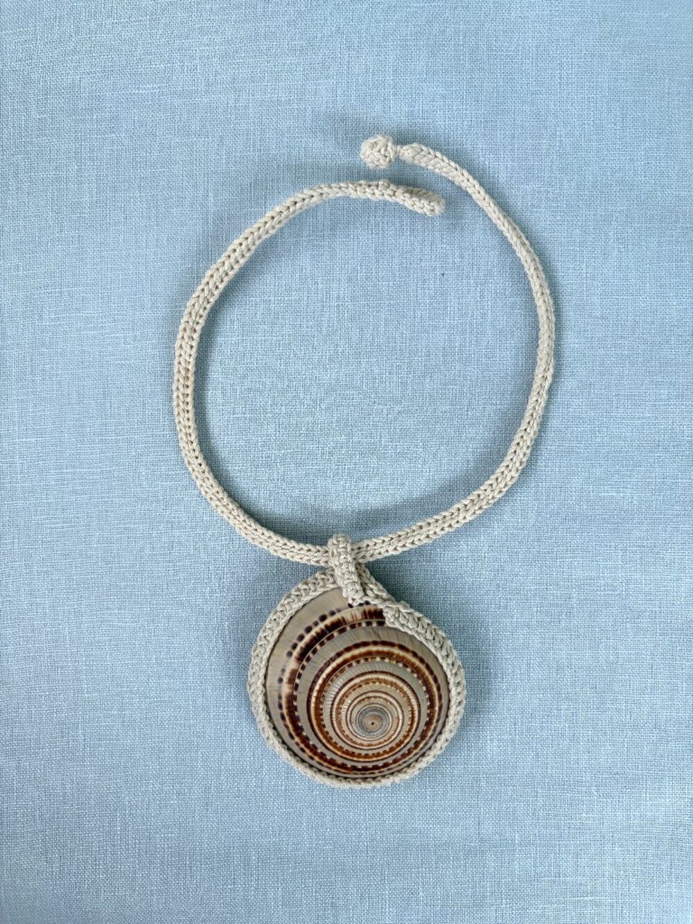 Caged Sundial Shell Necklace Crocheted with Ecru Cord Mermaid Statement Choker